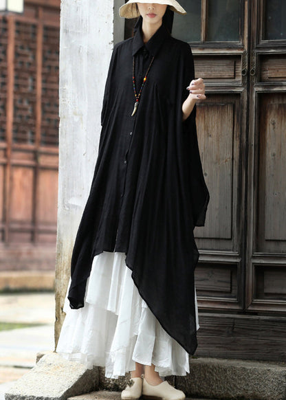 Natural White Peter Pan Collar Asymmetrical Cotton Shirts Long Sleeve