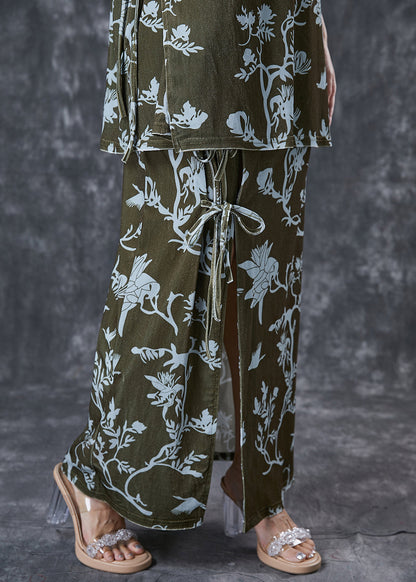 Green Print Lace Up Side Open Silk Velour Two Pieces Set Spring