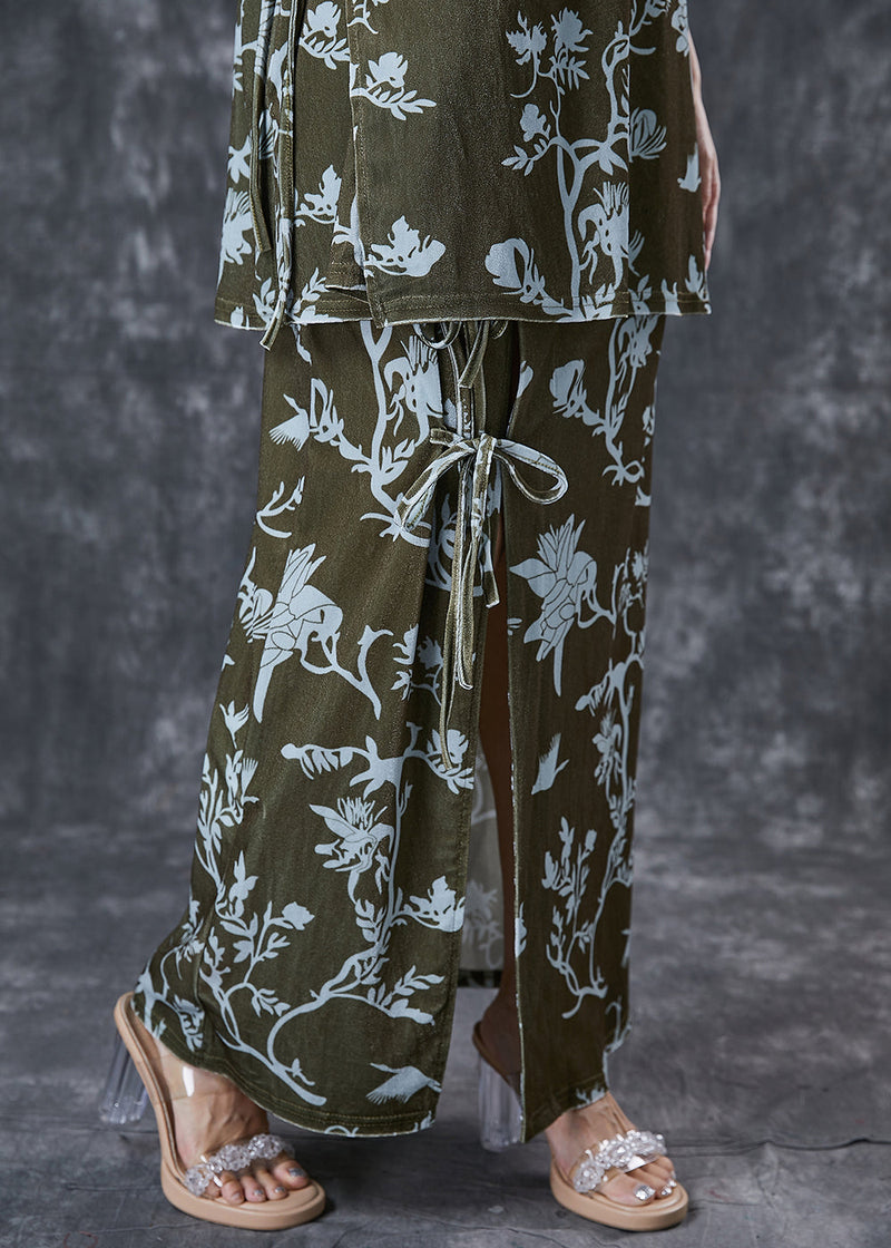 Green Print Lace Up Side Open Silk Velour Two Pieces Set Spring