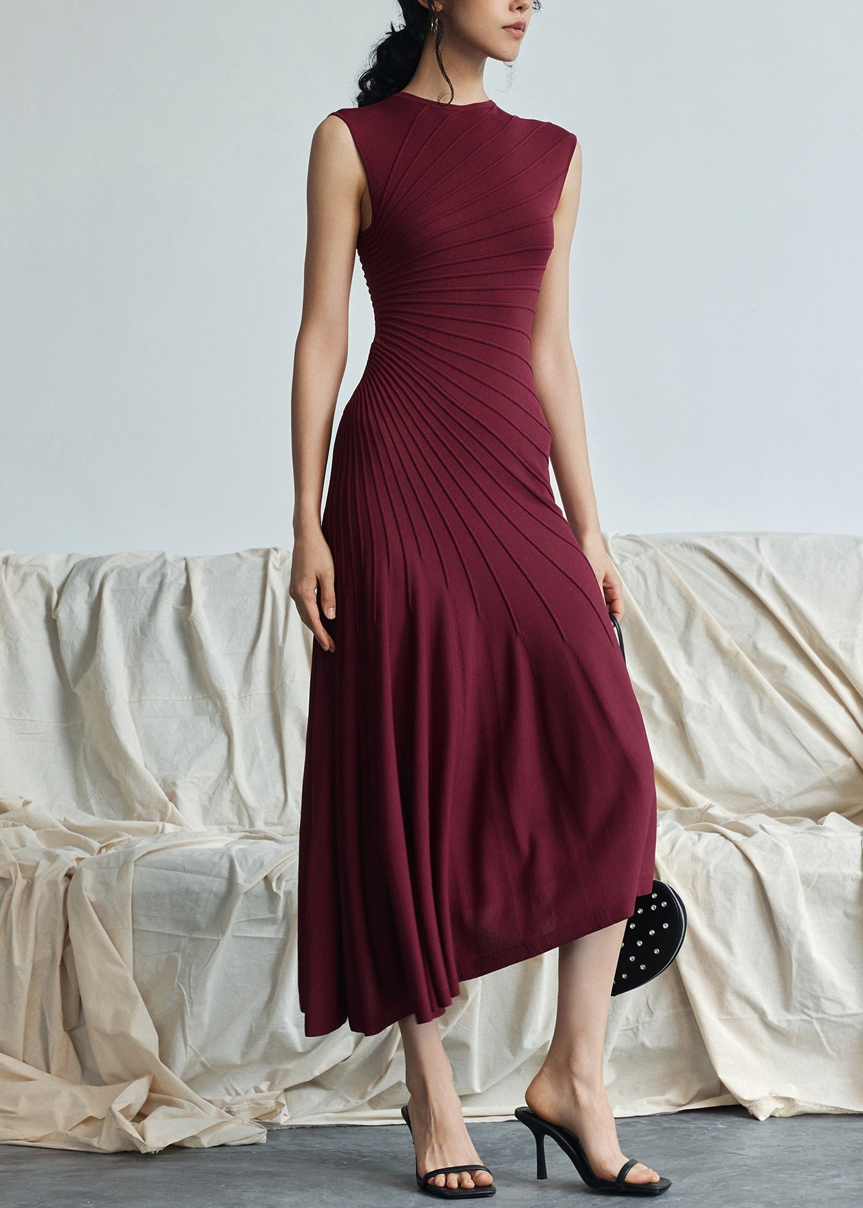 Red Asymmetrical Striped Cotton Long Dresses Sleeveless