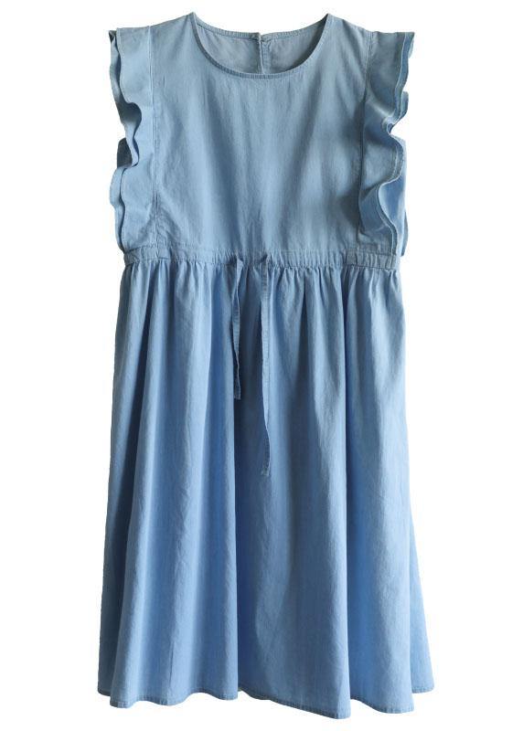 Denim Light Blue O-necktie Waist Summer Cotton Dresses Sleeveless