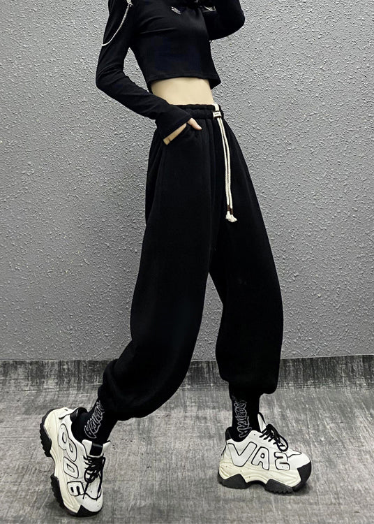 Black Pockets Drawstring Warm Fleece Sport Beam Pants Winter
