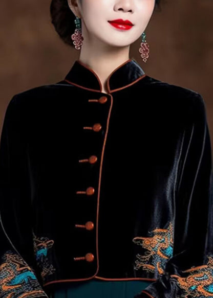 Black Embroideried Button Silk Velour Coats Flare Sleeve