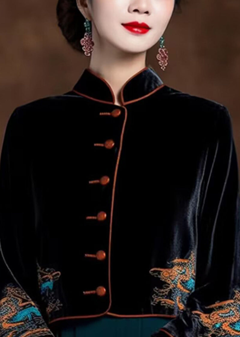 Black Embroideried Button Silk Velour Coats Flare Sleeve