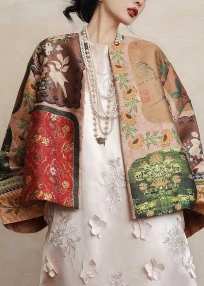 Chinese Style Yellow O-neck Print Silk Coats Spring