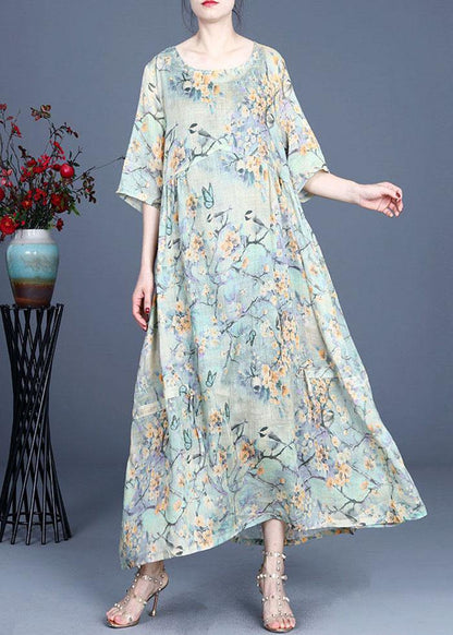 Yellow Retro Print Design Summer Ramie Dress