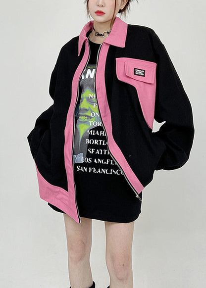 Black Peter Pan Collar Zip Up Cotton Coats Long Sleeve