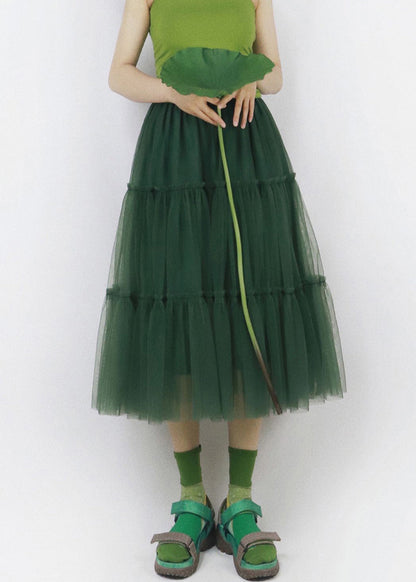 Green Ruffled Elastic Waist Tulle Skirt Summer