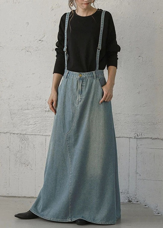 Denim Light Blue Buttons Zipper Side Pockets Ankle Length Skirts