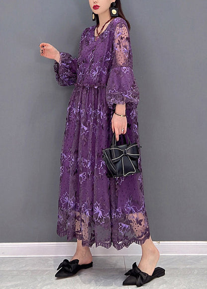 Purple O-neck Ruffled Print Lace Long Dress Lantern Sleeve