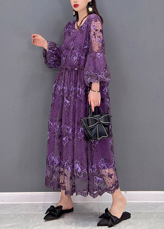 Purple O-neck Ruffled Print Lace Long Dress Lantern Sleeve