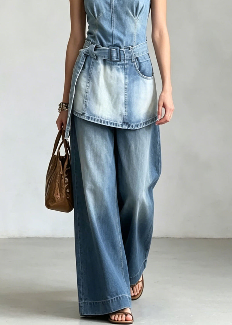 French Blue O-neck Pockets Denim Sets 2 Pieces Sleeveless