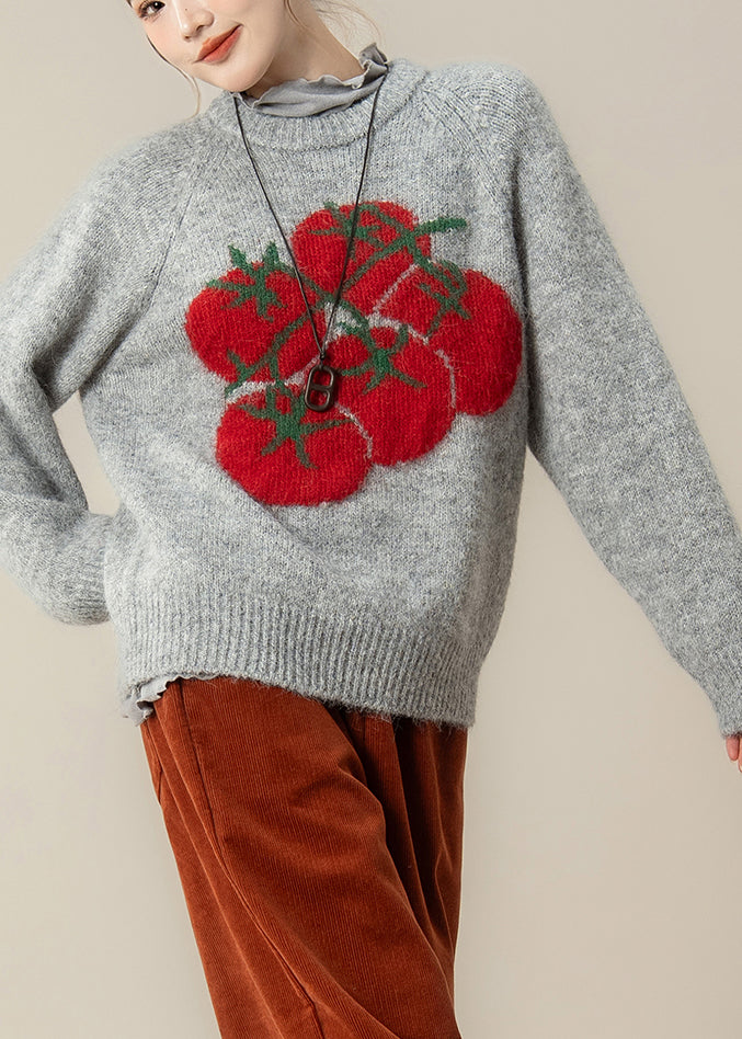 Grey Print Chunky Oversized Knitted Tops Winter