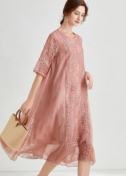 Pink Embroideried Patchwork Chiffon Dress Half Sleeve