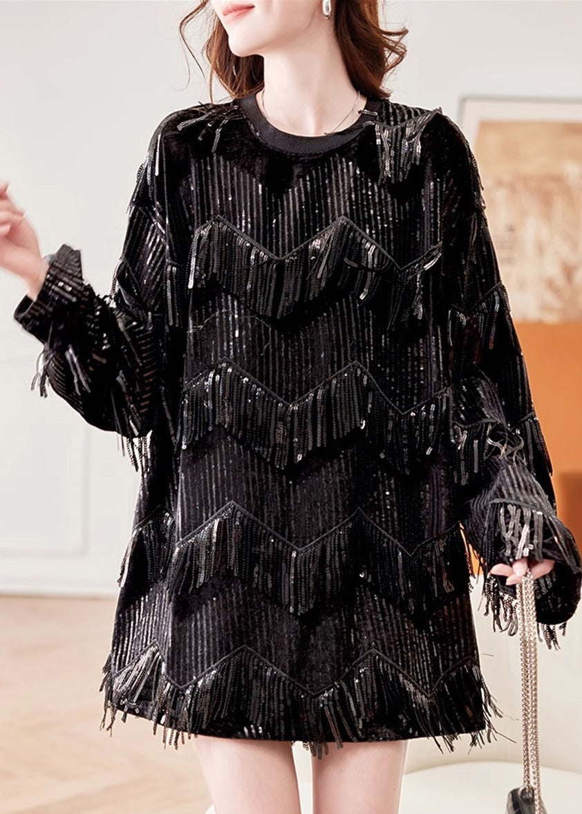 Loose Black O-neck Patchwork Tassel Silk Velvet Top Spring