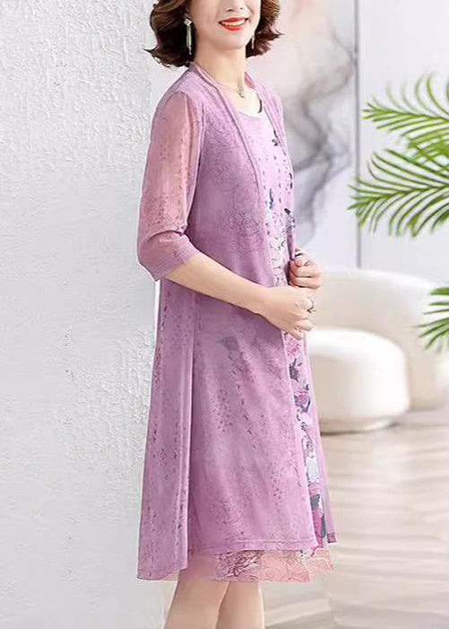 Purple Print Patchwork Chiffon Two Pieces Set O-neck Summer