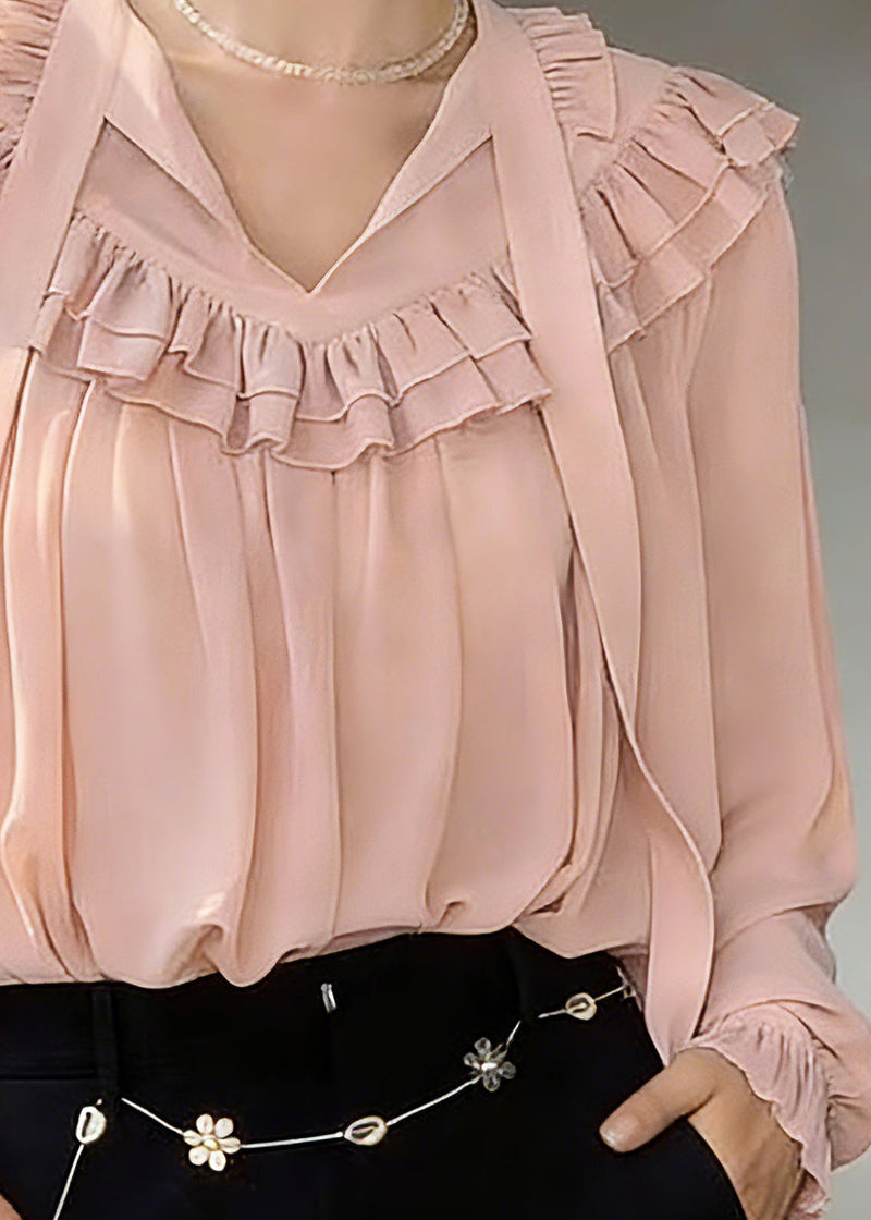 Modern Pink V Neck Ribbon Shirts Lantern Sleeve