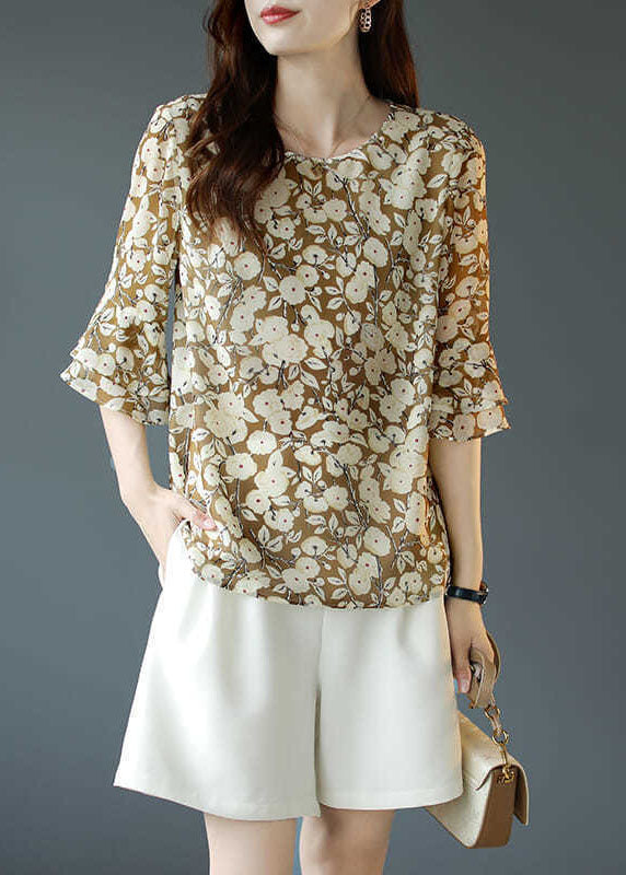 French Green O-neck Print Chiffon Shirt Top Flare Sleeve