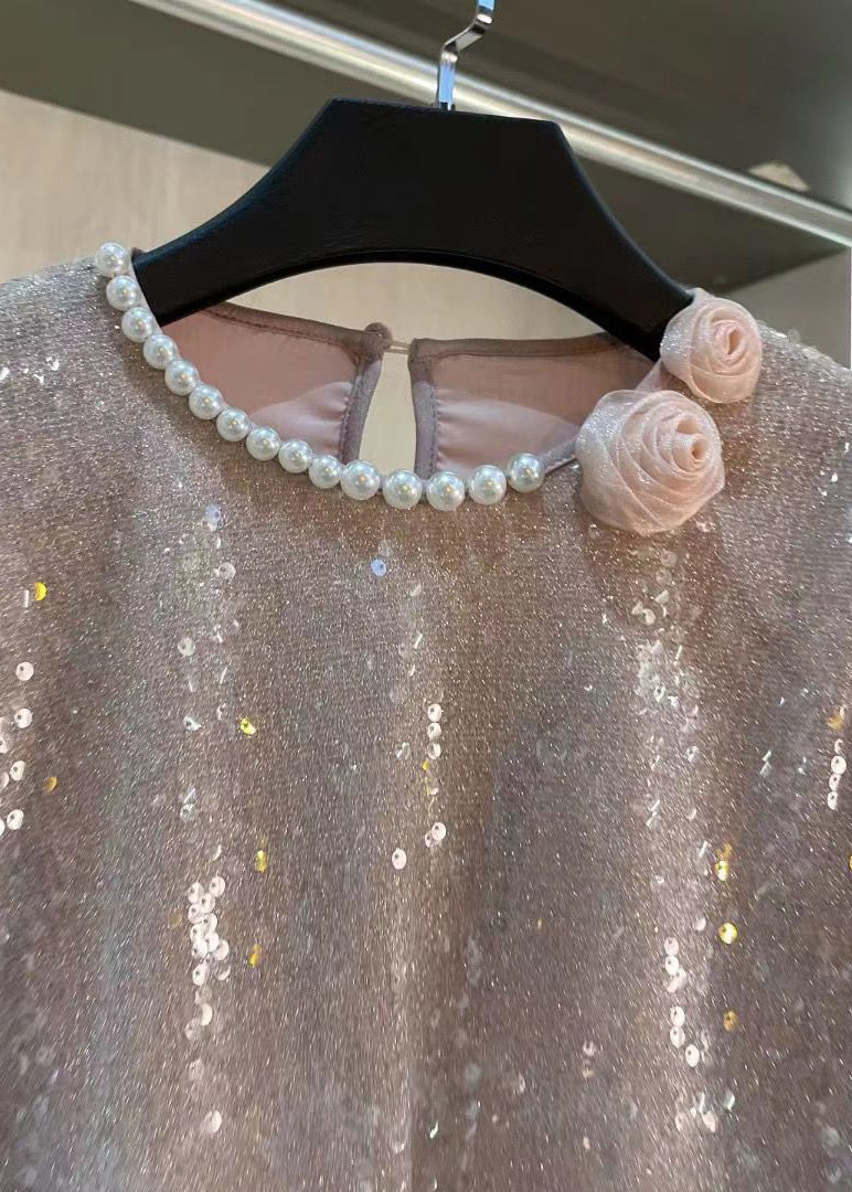 Pearl Embellished Lantern Sleeve Sequin Shirt Spring