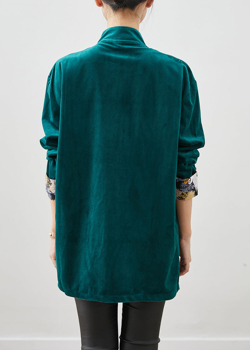 Blackish Green Silk Velour Jackets Embroideried Chinese Button Fall