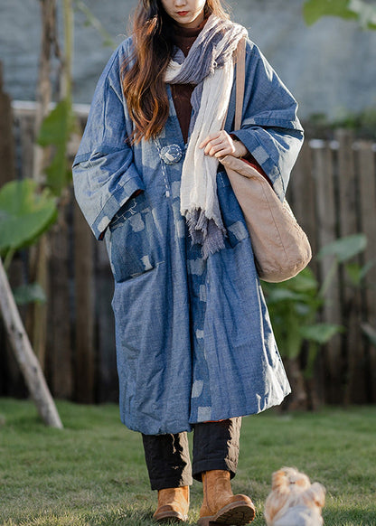Blue Button Pockets Patchwork Thin Cotton Coat Fall