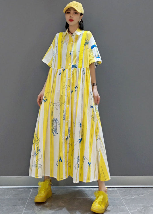 Yellow Cinched Striped Print Shirt Long Dresses Spring