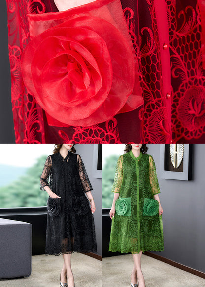 Green O-neck Lace Patchwork Button Tulle Maxi Coats Summer