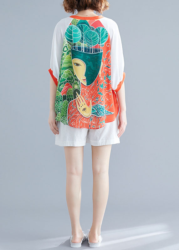 White V Neck Patchwork Character Print Two Piece Suit Set Summer