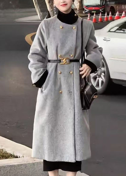 Grey Double Breast Sashes Woolen Long Coats Spring