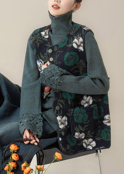 Style Green Print Faux Fur Waistcoat and Top Two Pieces Set Winter