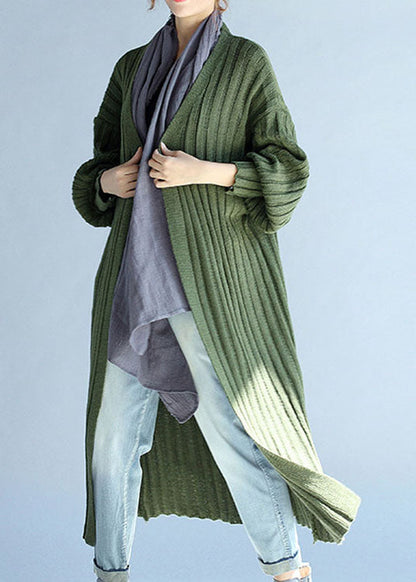 Green V Neck Lantern Sleeve Fall Knit Long Sweaters Coat
