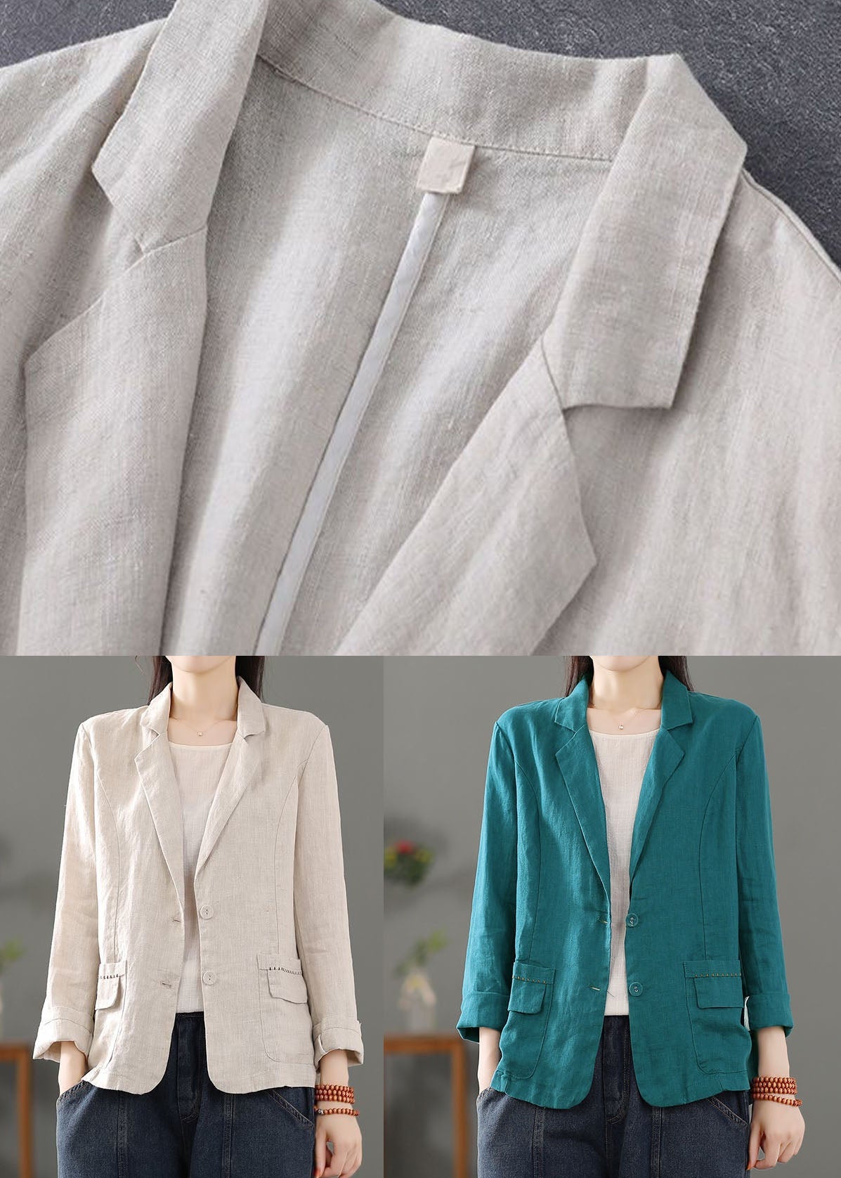 Beige Pockets Patchwork Button Linen Coats Spring