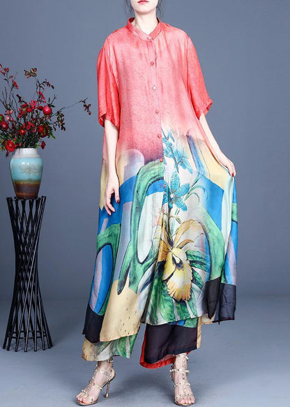 Natural Red Print Button Silk Sets Two Pieces Summer