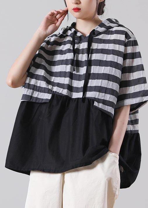 Black Striped Patchwork Cotton Linen Blouses Summer