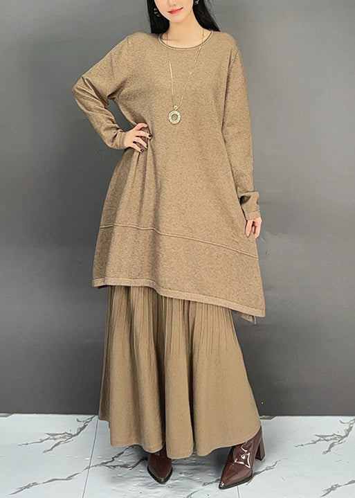 Khaki O Neck Cotton Two Pieces Set Fall