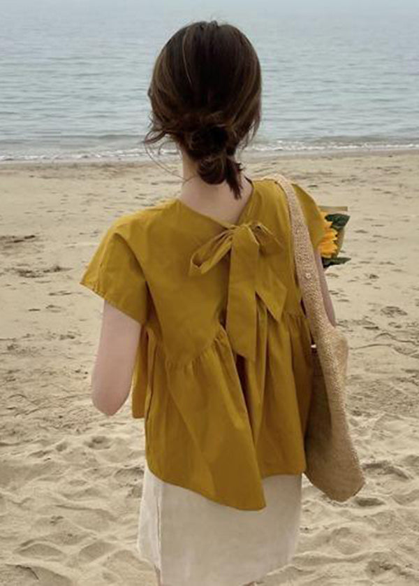 Yellow O-neck Patchwork Bow Cotton Shirt Top Short Sleeve