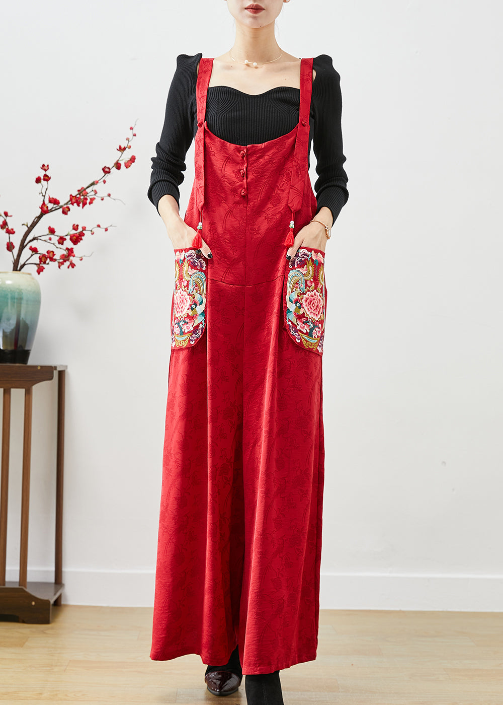 Red Embroideried Pockets Silk Jumpsuit Fall