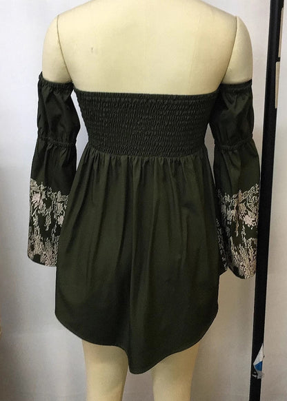 Green Cold Shoulder Print Cotton Holiday Dress Spring