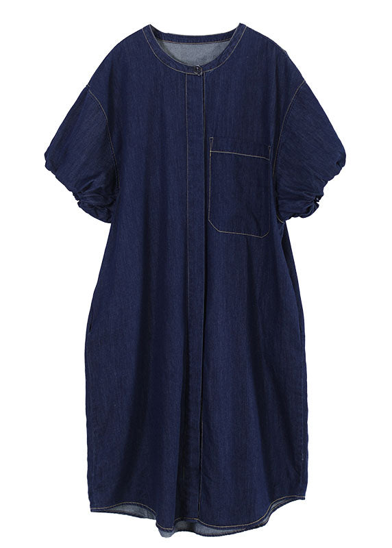 Art Denim Blue O-neck Patchwork Cotton Shirt Dresses Lantern Sleeve
