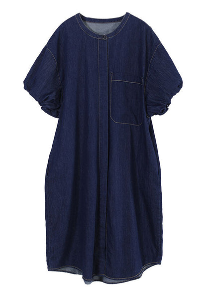 Art Denim Blue O-neck Patchwork Cotton Shirt Dresses Lantern Sleeve
