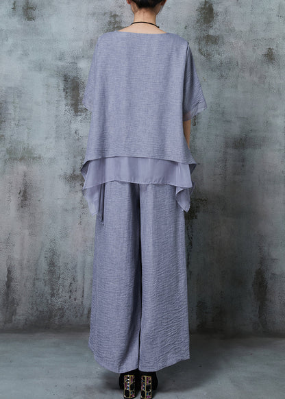 Grey Oversized Patchwork Linen Two Pieces Set Summer