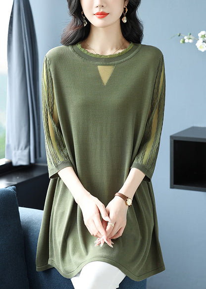 Green O Neck Patchwork Ice Silk Knitted Tops Half Sleeve