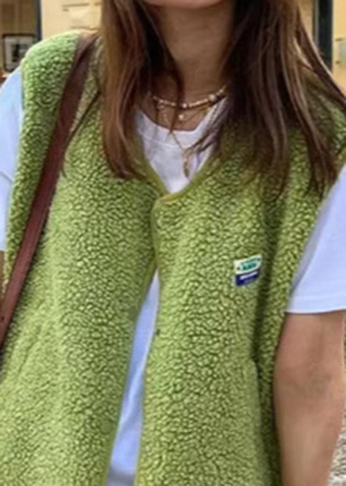 Green O Neck Faux Fur Vest Sleeveless