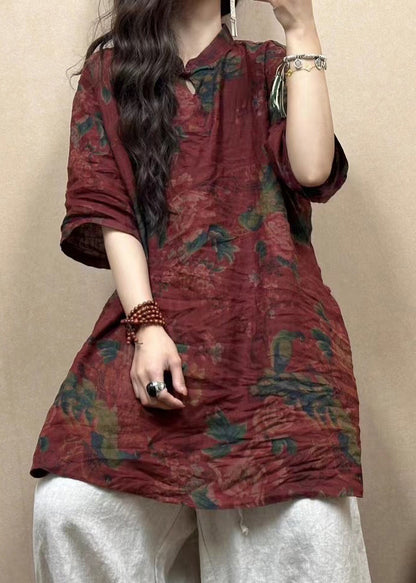 Red Stand Collar Button Print Linen Blouses Half Sleeve