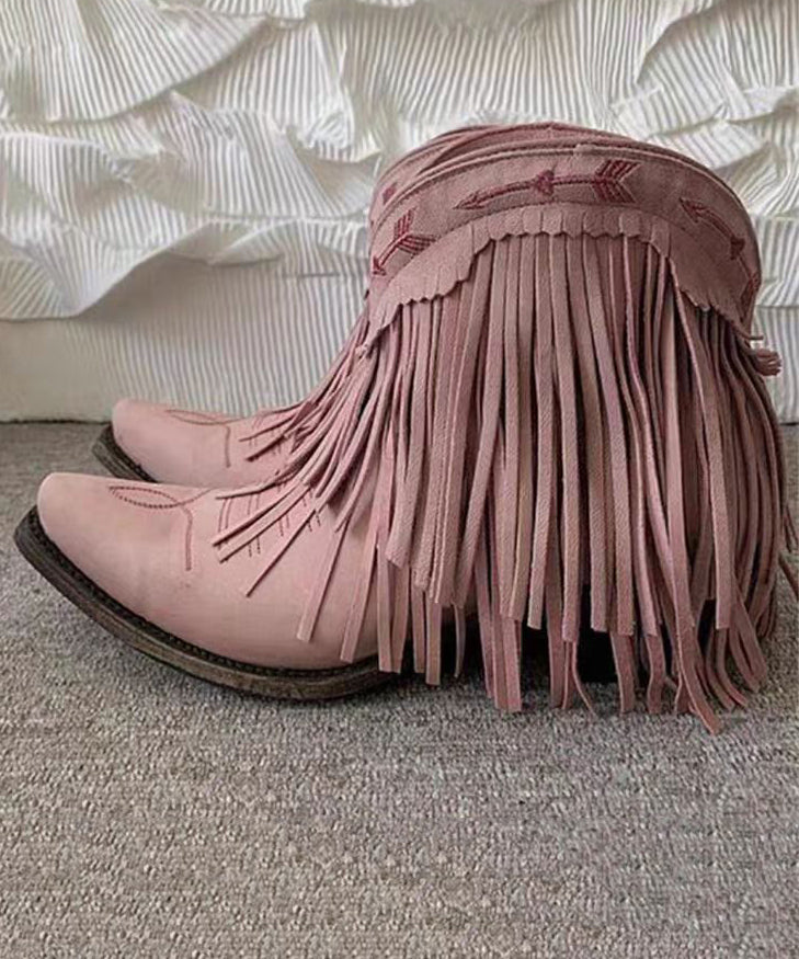Splicing Chunky Boots Embroidered Pink Faux Leather