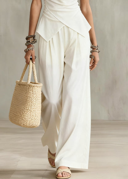 French White Wrinkled Tops and Wide Leg Pants Cotton Two Pieces Set Sleeveless