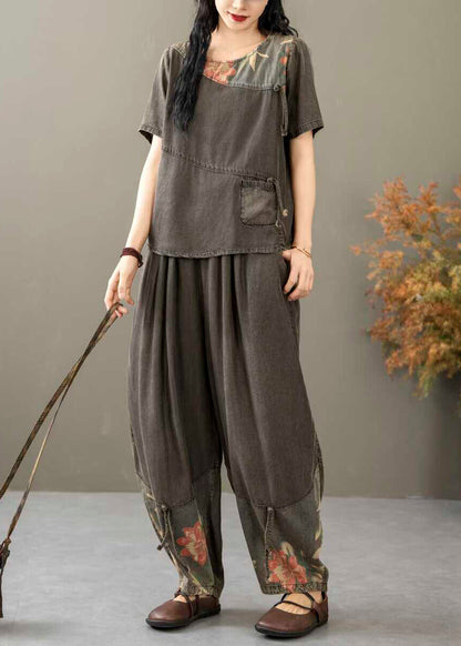 Black Print Tops and Crop Pants Denim Two Piece Suit Summer
