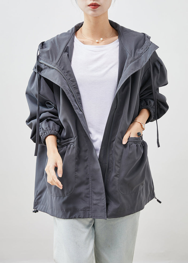 Grey Hooded Pockets Cotton Jackets Spring
