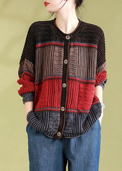 Orange O-neck Striped Patchwork Button Cotton Knit Cardigan Spring