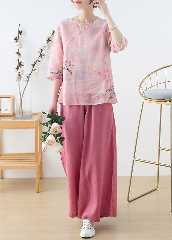 Pink V Neck Print Linen Shirt Top Half Sleeve